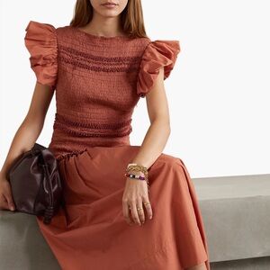 Ulla Johnson Madeline Poplin Ruffled Smocked Cotton Dress